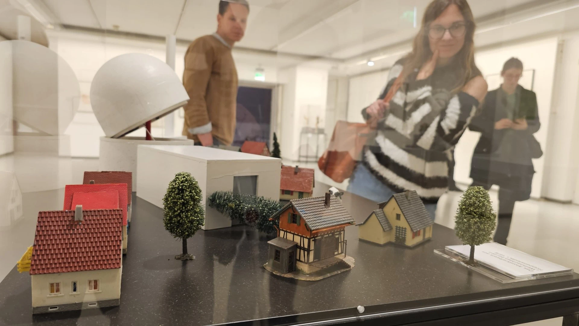 Spielzeug Atomkraftwerk mit Bäumen und Kühen in einer Vitrine